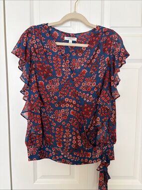 Liverpool Navy Floral Ruffle Sleeve Blouse with Red Accents